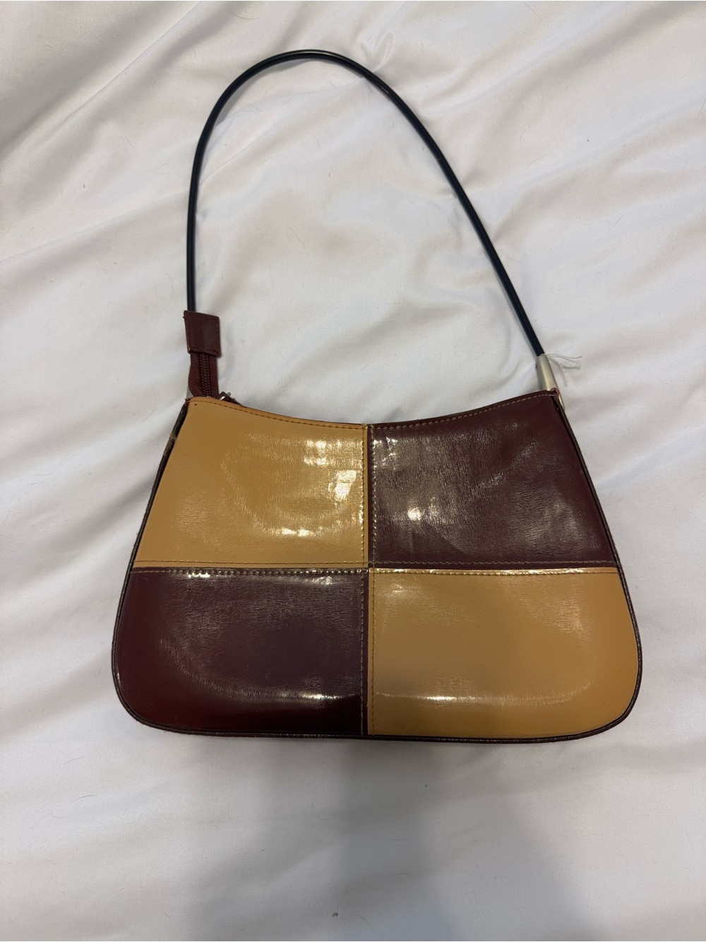 Patent Patchwork Shoulder Bag in Brown and Tan